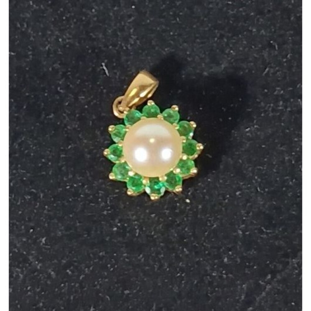 Vintage 14K Gold Plumb Pearl & Natural Emerald Cluster Halo Pendant Estate